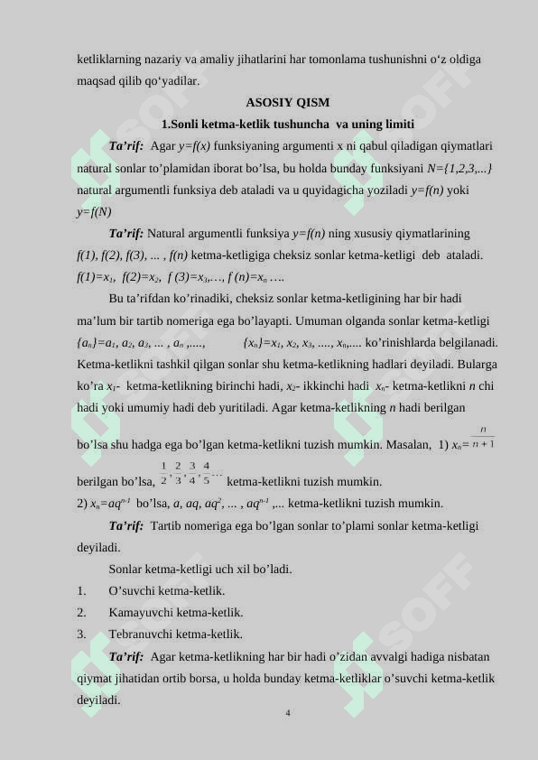 Sonli ketma-ketlik tushuncha_ va uning limiti. Qismiy va fundamental ketma-ketliklar. Yaqinlashuvchi ketma-ketlikning xossalari 4