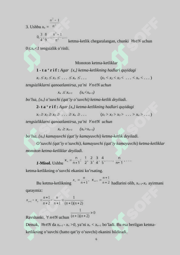 Sonli ketma-ketlik tushuncha_ va uning limiti. Qismiy va fundamental ketma-ketliklar. Yaqinlashuvchi ketma-ketlikning xossalari 6