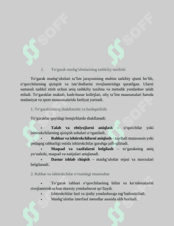 Mavzu:Toʻgarak mashgʻulotlarining tashkiliy tuzilishi,xususiyati va mashgʻulotlar mazmuni. MALAKAVIY ISH 4