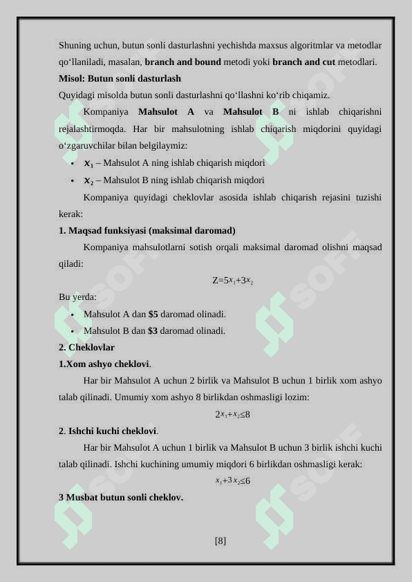 “Iqtisodiy masalalarning butun sonli yechimini topish” 8