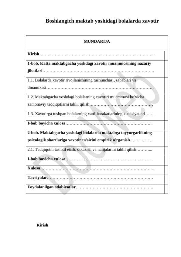 Boshlangich maktab yoshidagi bolalarda xavotir