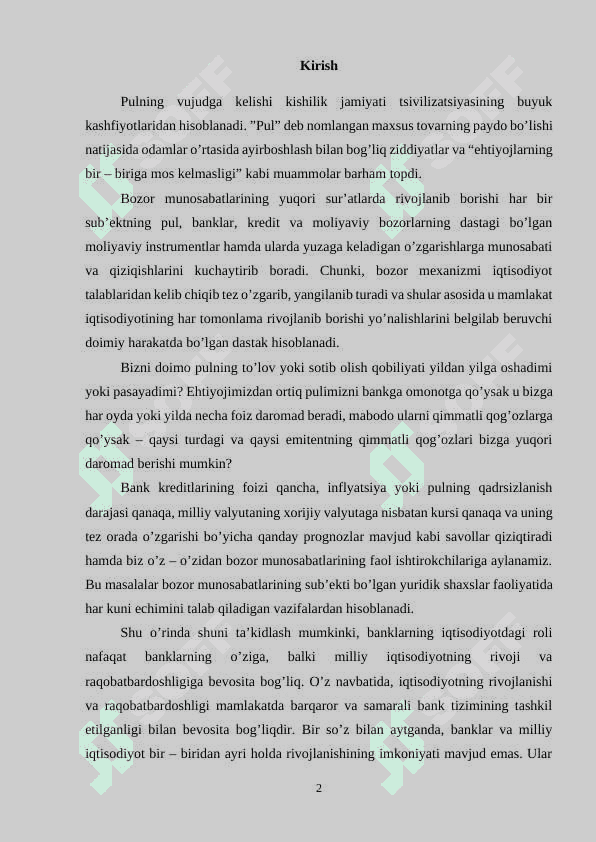 Pulning kelib chiqishi, mazmuni. Hozirgi zamon pulining tabiati va mazmuni (kurs ishi) 2