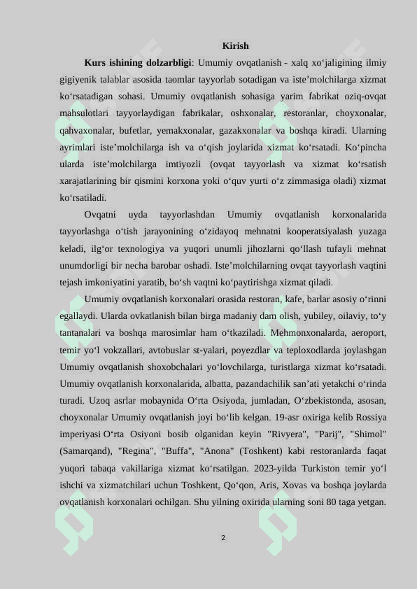 Umumiy ovqatlanish korxonalari tasnifi va turlari 2