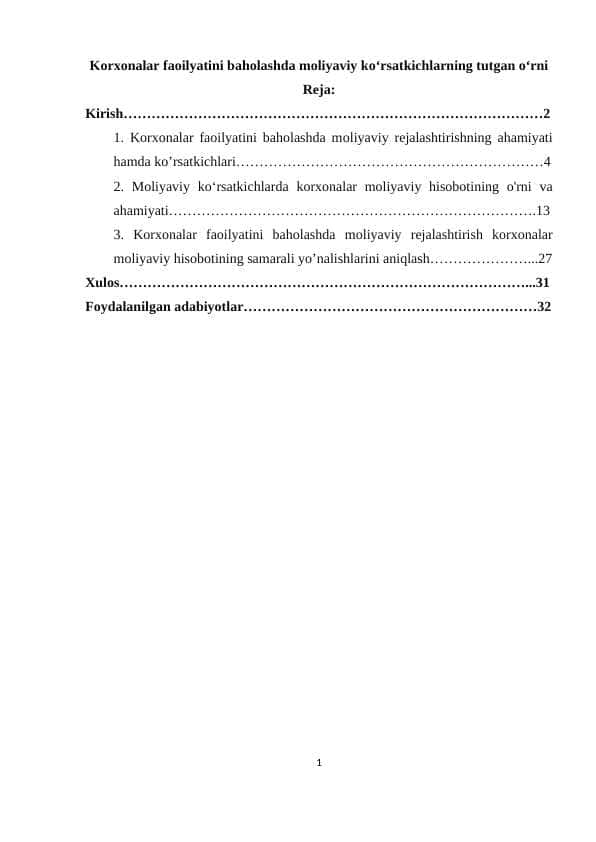 Korxonalar faoilyatini baholashda moliyaviy ko‘rsatkichlarning tutgan o‘rni