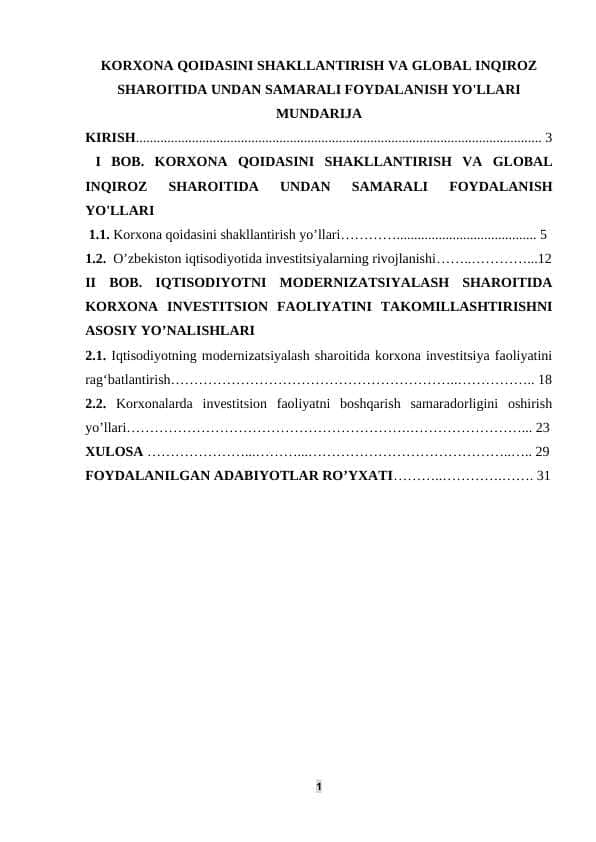 KORXONA QOIDASINI SHAKLLANTIRISH VA GLOBAL INQIROZ SHAROITIDA UNDAN SAMARALI FOYDALANISH YO'LLARI