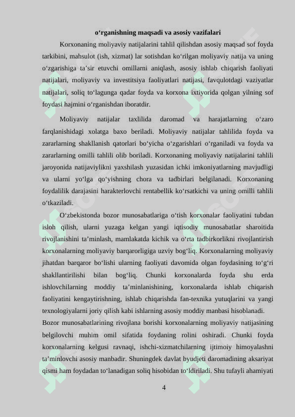 KORXONA FAOLIYATINI BAHOLASHDA MOLIYAVIY KO'RSATKICHLARNING TUTGAN O'RNI 4