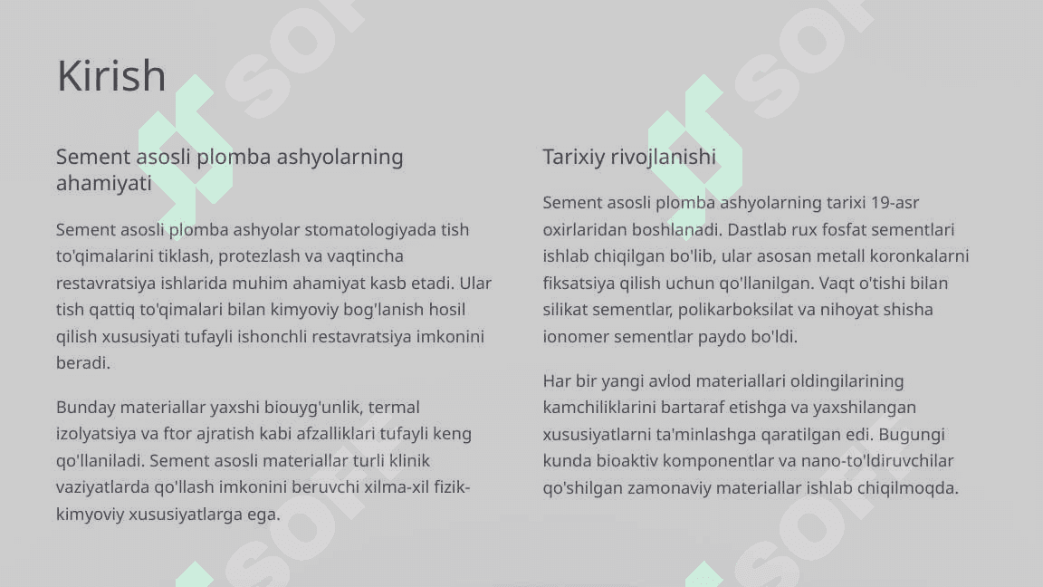 Sement asosli plomba ashyolar. Tarkibi, xususiyatlari. 2