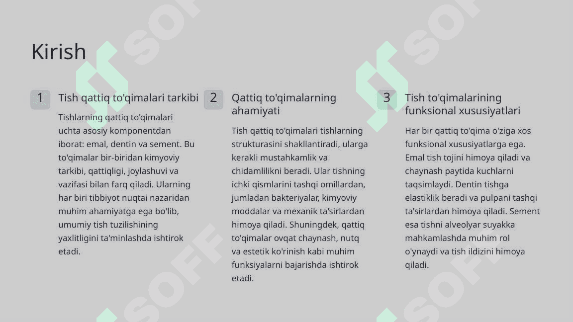 Tish qattiq to‘qimalarining (emal, dentin, sement) gistologik tuzilishi. 2