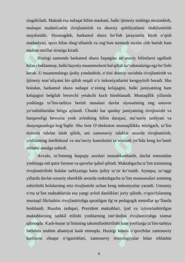MUSTAQILLIK SHAROITIDA YOSHLARNI BARKAMOL SHAXS QILIB TARBIYALASH SAMARADORLIGINI OSHIRISH 6