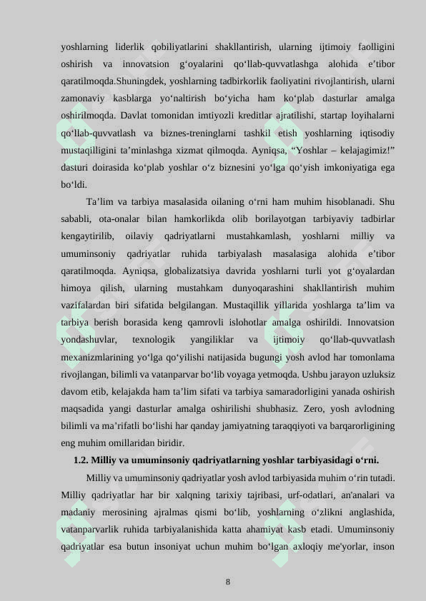 MUSTAQILLIK SHAROITIDA YOSHLARNI BARKAMOL SHAXS QILIB TARBIYALASH SAMARADORLIGINI OSHIRISH 8