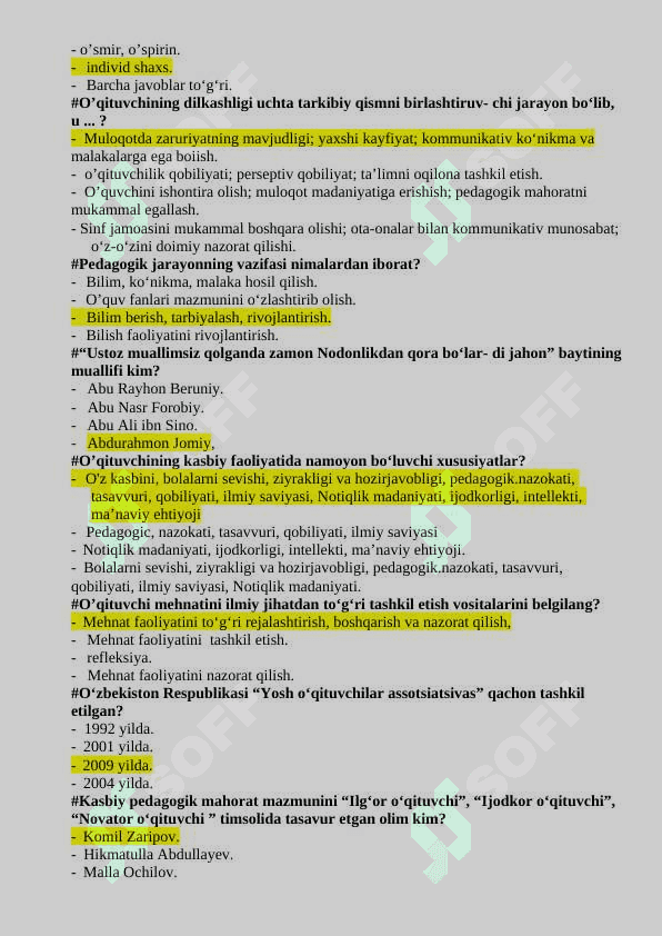 Pedagogik mahorat fanidan test savollari 2