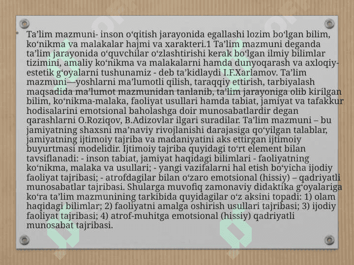 MUTAXASSISLIK FANLARINI O‘QITISH MAZMUNINI BELGILAB BERUVCHI MEYORIY HUJJATLAR VA ULARDA TA’LIM MAZMUNINI SHAKLLANTIRISHNING BOSQICHLARI 3