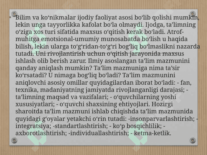 MUTAXASSISLIK FANLARINI O‘QITISH MAZMUNINI BELGILAB BERUVCHI MEYORIY HUJJATLAR VA ULARDA TA’LIM MAZMUNINI SHAKLLANTIRISHNING BOSQICHLARI 4