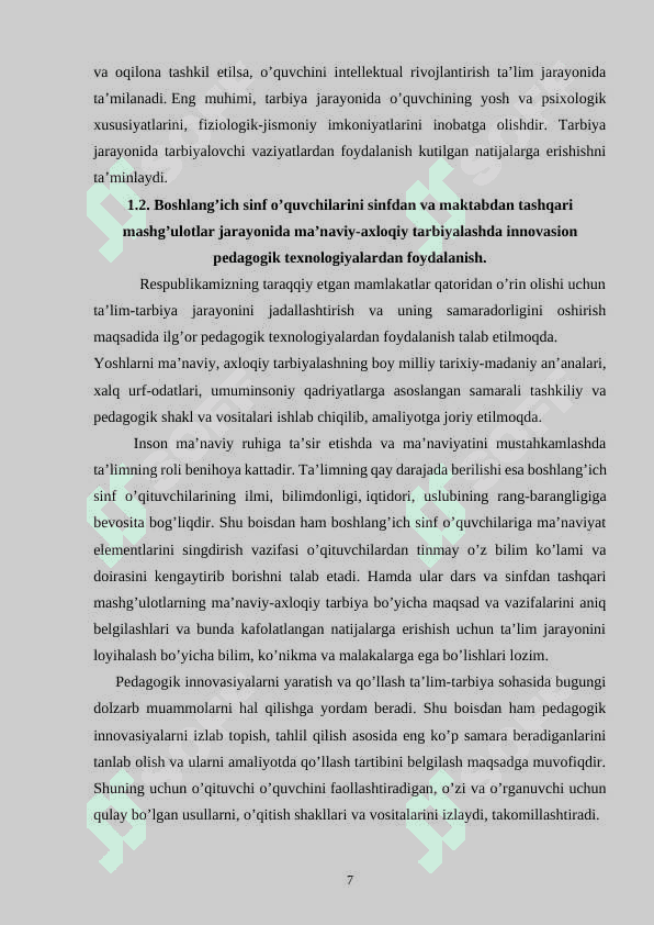 TARBIYAVIY TADBIRLAR VOSITASIDA BOSHLANG’ICH SINF O’QUVCHILARIGA MA’NAVIY-AXLOQIY TARBIYA BERISH-NING PEDAGOGIK AHAMIYATI 7
