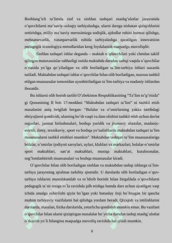 TARBIYAVIY TADBIRLAR VOSITASIDA BOSHLANG’ICH SINF O’QUVCHILARIGA MA’NAVIY-AXLOQIY TARBIYA BERISH-NING PEDAGOGIK AHAMIYATI 8