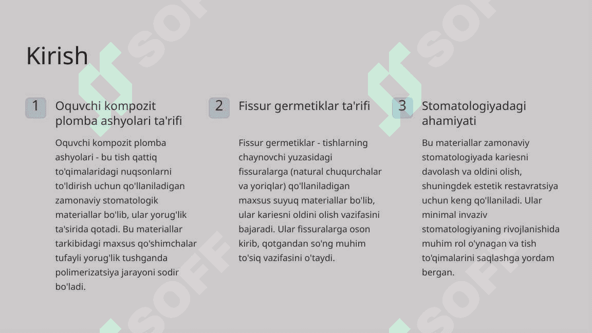 Oquvchi kompozit plomba ashyolari. Fissur germetiklar. Tarkibi, xususiyatlari, qo‘llanilishi. 2