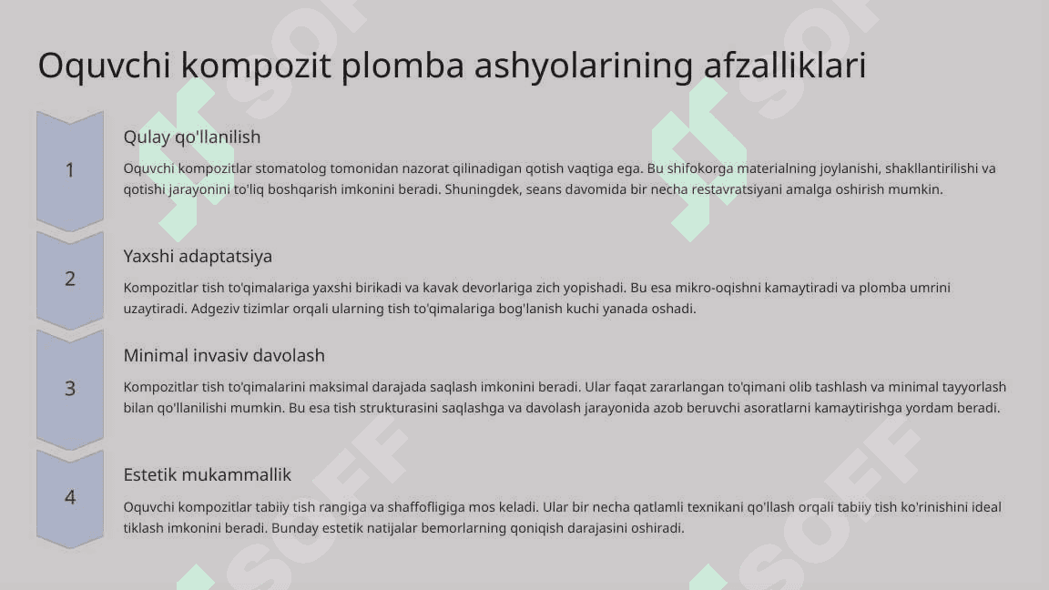 Oquvchi kompozit plomba ashyolari. Fissur germetiklar. Tarkibi, xususiyatlari, qo‘llanilishi. 7