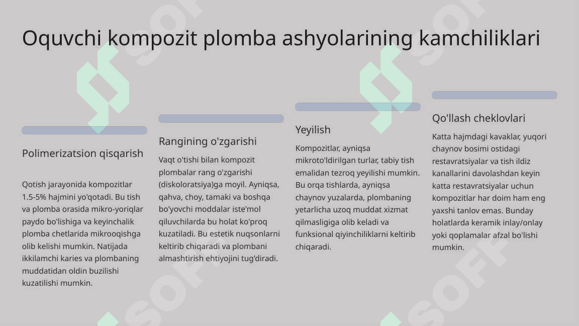 Oquvchi kompozit plomba ashyolari. Fissur germetiklar. Tarkibi, xususiyatlari, qo‘llanilishi. 8