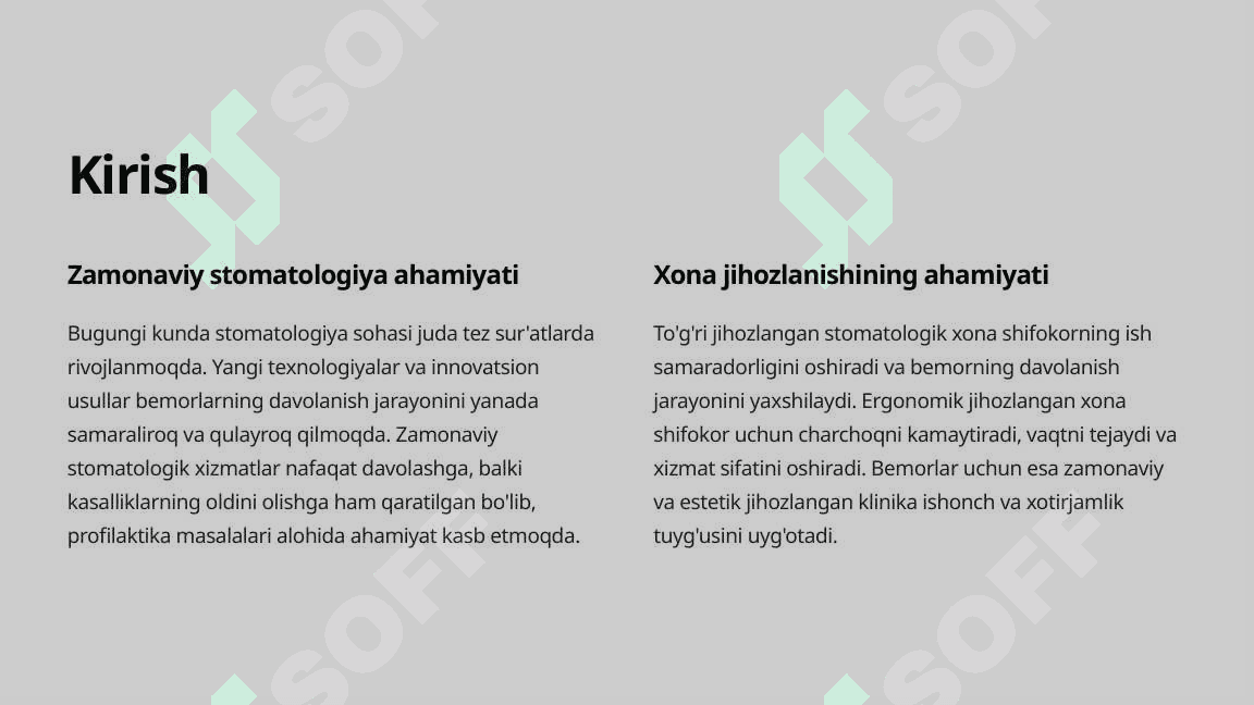 Zamonaviy stomatologik xonani jihozlanishi. Talablar. 2
