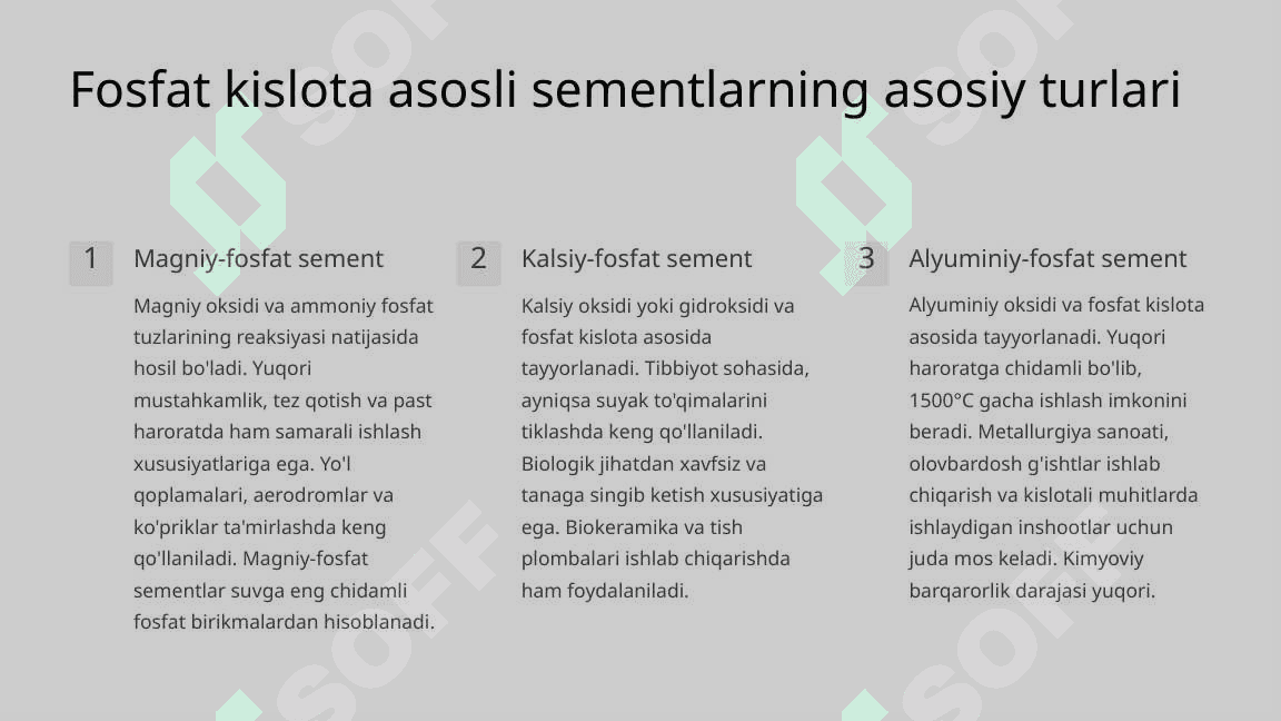 Fosfat kislota asosli sementlarning qo‘llanilishi va xususiyatlari. 3