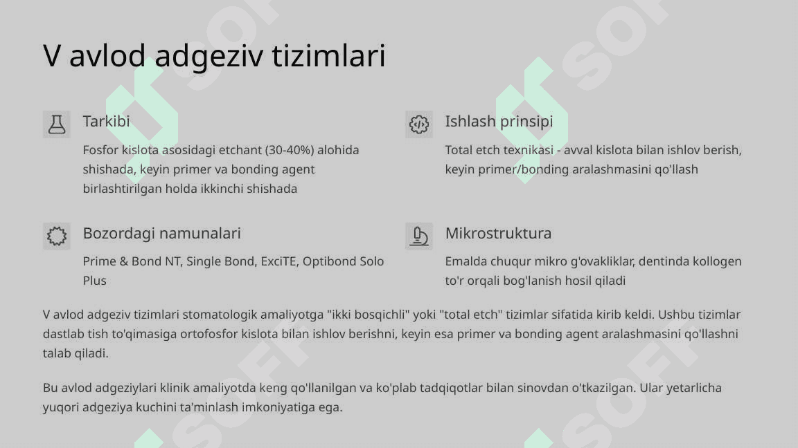 Kompozitlarning V,VI,VII avlod adgeziv tizimlari asoslari. 4