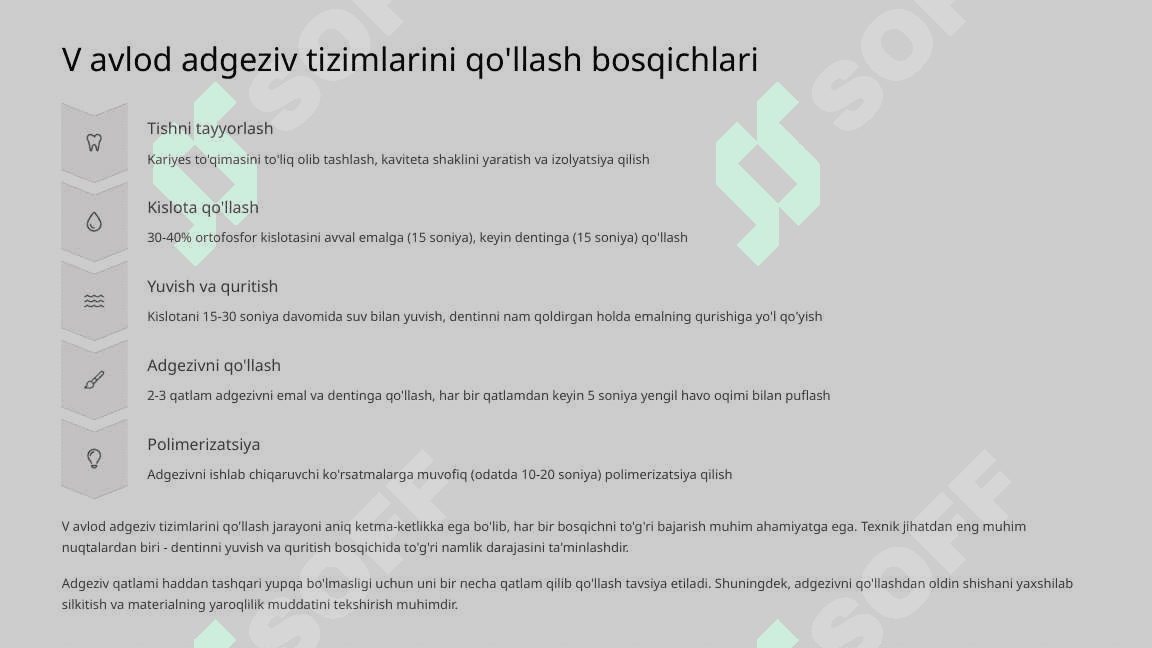 Kompozitlarning V,VI,VII avlod adgeziv tizimlari asoslari. 8
