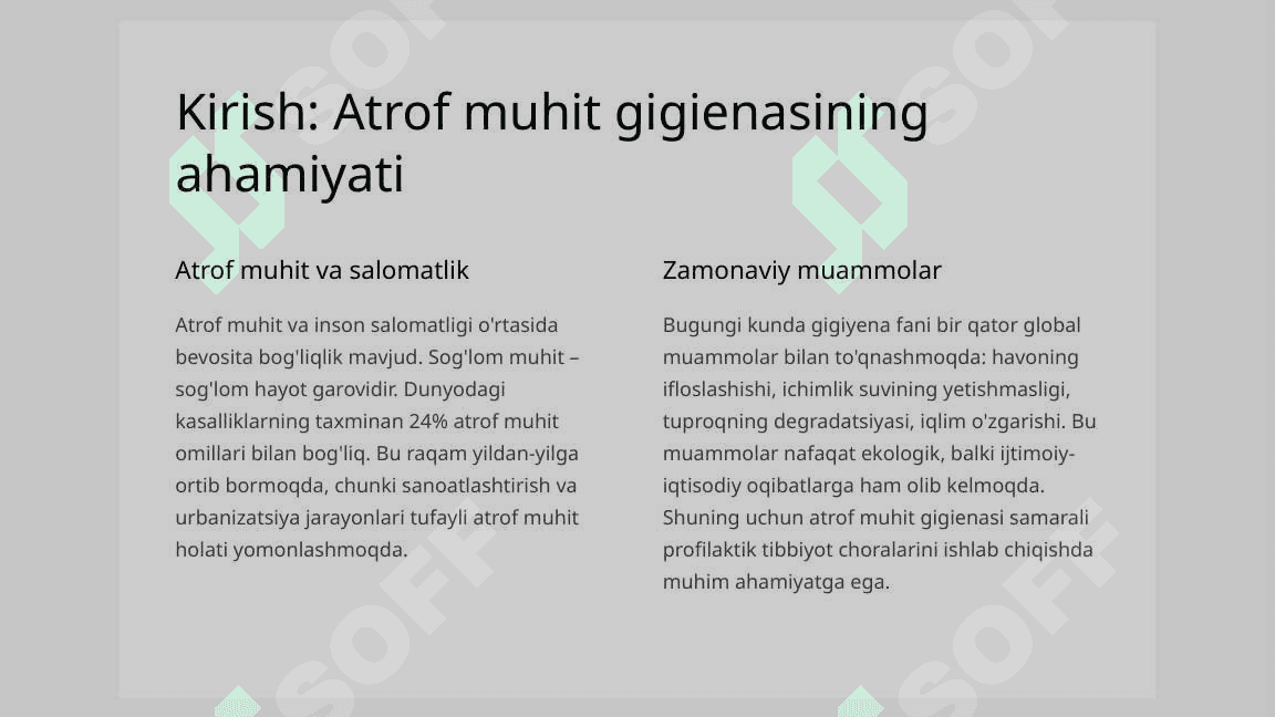 Atrof muhit gigienasi. Havo muhitiga gigienik ta’rif. Suv salomatlik omili 2