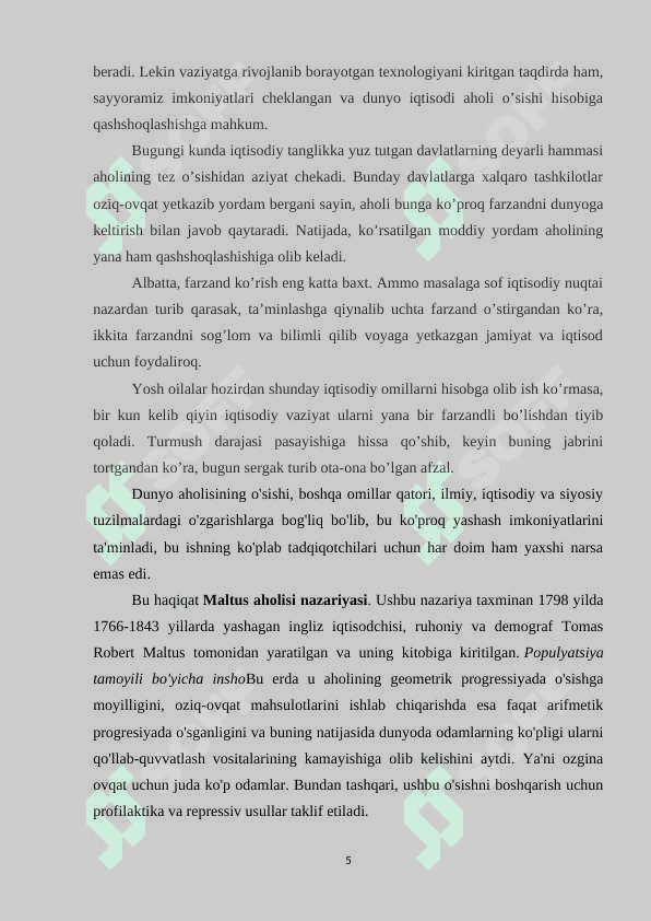 AHOLI O'SISHI HISOBIGA ULARNING HAYOT SIFATI OSHISHI TOMAS MALTUS FIKRLARI 5