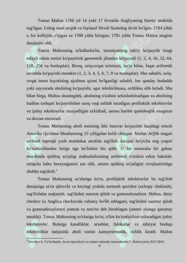 AHOLI O'SISHI HISOBIGA ULARNING HAYOT SIFATI OSHISHI TOMAS MALTUS FIKRLARI 6
