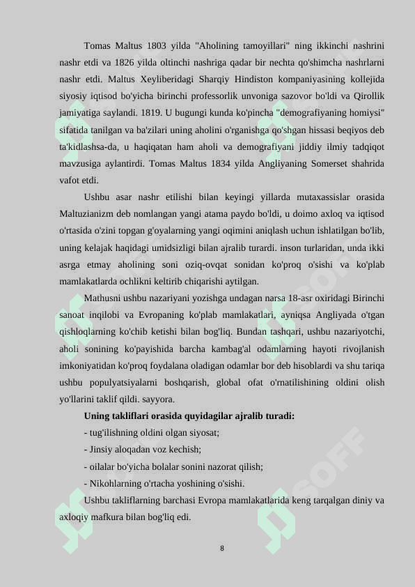 AHOLI O'SISHI HISOBIGA ULARNING HAYOT SIFATI OSHISHI TOMAS MALTUS FIKRLARI 8
