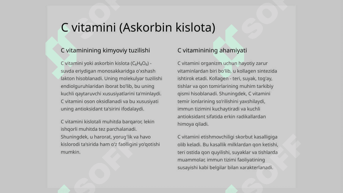 Vitaminlar guruhlari, turlari va ularga tarif. “S”-vitaminli tarkibi bo‘yicha ovqatlanish adekvatligini o‘rganish va baholash. 8