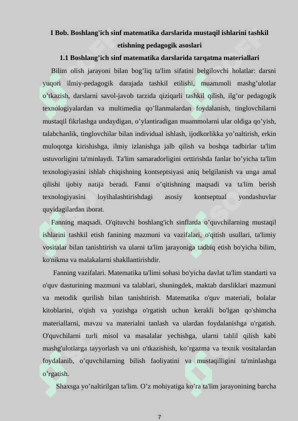 BOSHLANG`ICH SINF MATEMATIKA DARSLARIDA TARQATMA MATERIALLARDAN UNUMLI FOYDALANISH TEXNOLOGIYASI 7