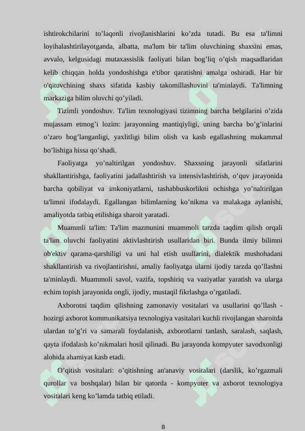 BOSHLANG`ICH SINF MATEMATIKA DARSLARIDA TARQATMA MATERIALLARDAN UNUMLI FOYDALANISH TEXNOLOGIYASI 8