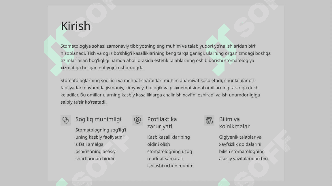 Vrach stomatolog mehnat  faoliyatini baholovchi gigiyenik omillar hamda  kasb kasalliklarini oldini olish choralari. 2