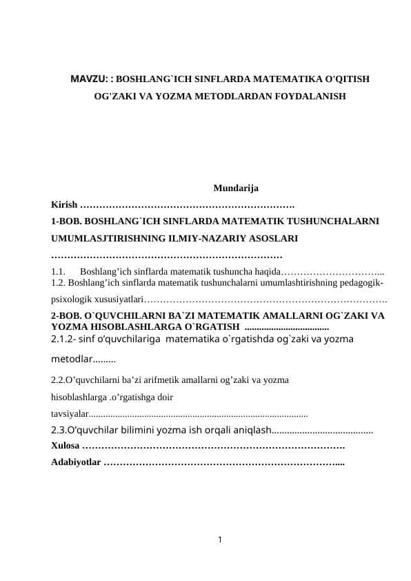 KURS ISHI. Boshlang`ich sinflarda matematika o`qitish og`zaki va yozma metodlardan foydalanish