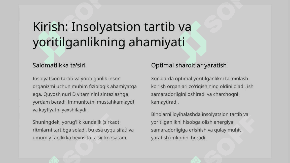 Insolyatsion tartibni tekshirish va baholash, xonalarning tabiiy va sun’iy yoritilganligini   aniqlash 2