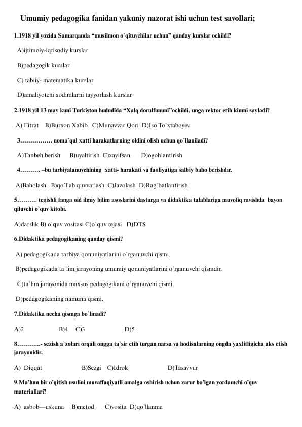 Umumiy pedagogika fanidan yakuniy nazorat  ishi uchun test savollari