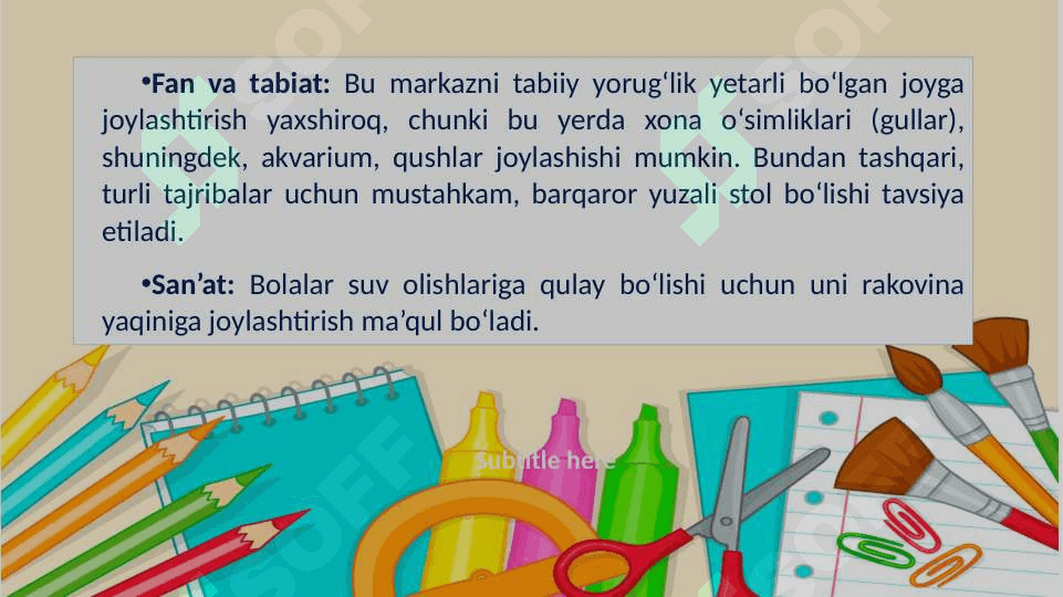 MTTda tasviriy faoliyat mashg’ulotlari jihozlariga  qo’yilgan talablar 6