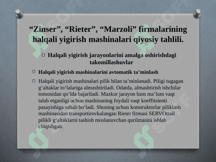 “Zinser”, “Rieter”, “Marzoli” firmalarining halqali yigirish mashinalari qiyosiy tahlili 2