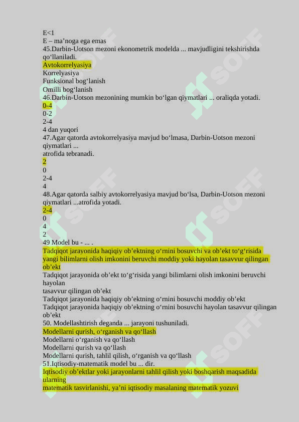 Ekonometrika asoslari fanidan testlar 8