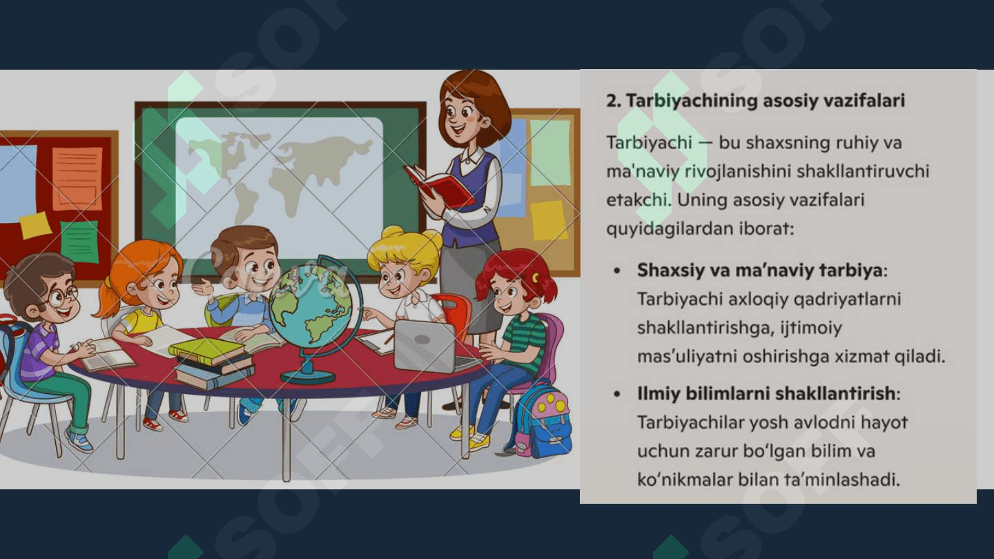 TARBIYACHI VA
UNING JAMIYATDA
TUTGAN O‘RNI 4