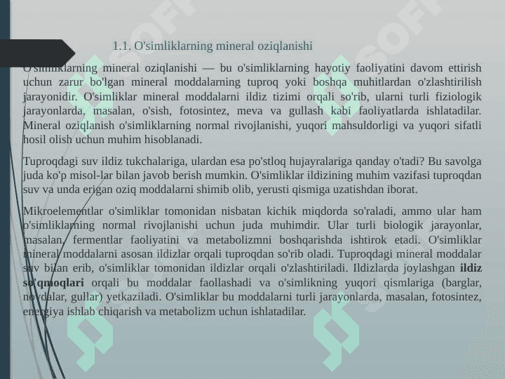 “O`simliklarning mineral oziqlanishi” 2