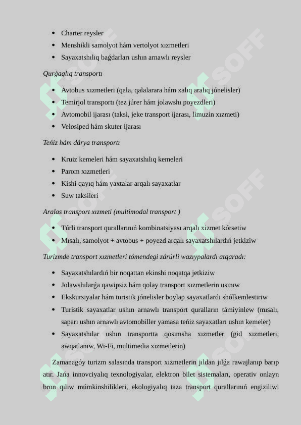 Turizmde transport xızmetlerin kόrsetiwde shártnamalar dúziw 6
