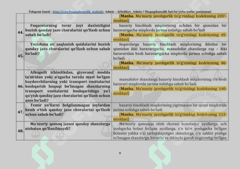 2024-2025 Yillar uchun ichki ishlar va maktab bitiruvchilari uchun umumiy huquq fanidan test savollari javoblari bilan 8