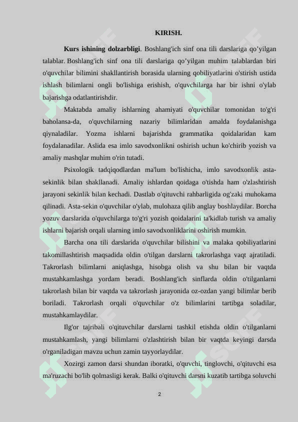BOSHLANG`ICH SINFLARDA ONA TILIDAN O`QUVCHILARNING MUSTAQIL ISHLARI 2