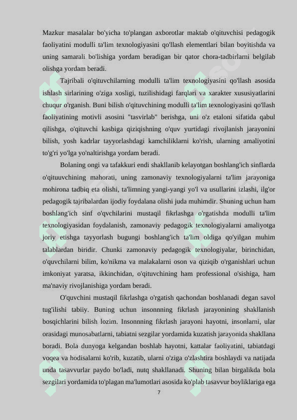 BOSHLANG`ICH SINFLARDA ONA TILIDAN O`QUVCHILARNING MUSTAQIL ISHLARI 7