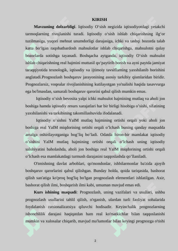 IJTIMOIY-IQTISODIY  O’SISHNI  DASTURLASH,  PROGNOZLASH VA REJALASHTIRISH 2