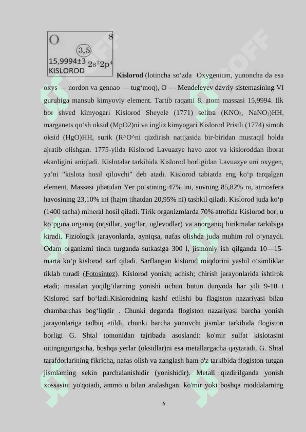VI A guruh elementlari. Kislorod kimyosi , oltingugurt kimyosi,  selen kichik guruhining  elementlari 6