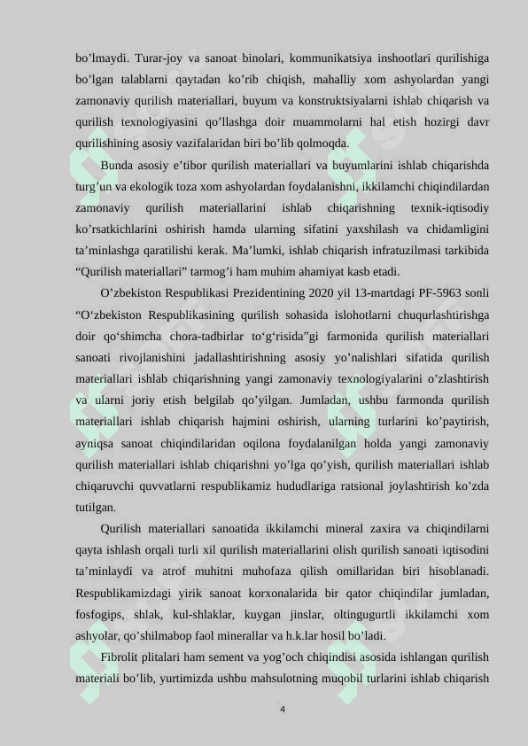 Yillik unumdorligi 200 ming m3 bo‘lgan Fibrolit ishlab chiqarish texnologiyasi 4