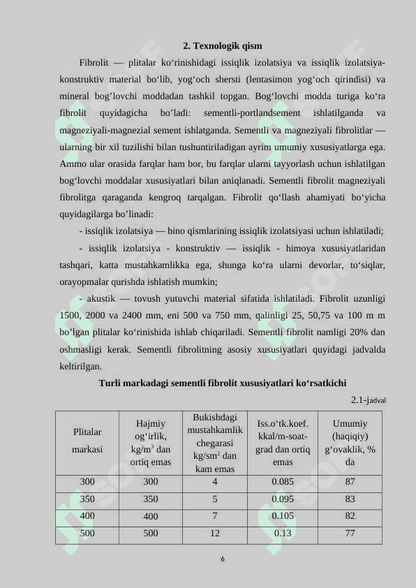 Yillik unumdorligi 200 ming m3 bo‘lgan Fibrolit ishlab chiqarish texnologiyasi 6